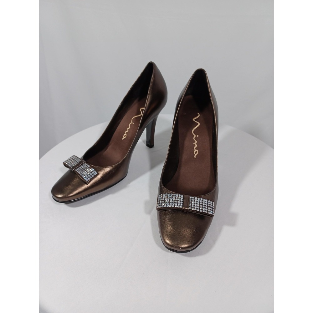 Nina Shoes Womens Size 7.5 Brown Bronze Deann-ML Bow Pumps Rhinestone Dressy